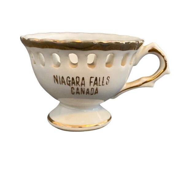 Niagara Falls Demitasse Mini Cup White Gold Souvenir Ceramic Vintage - Picture 1 of 6